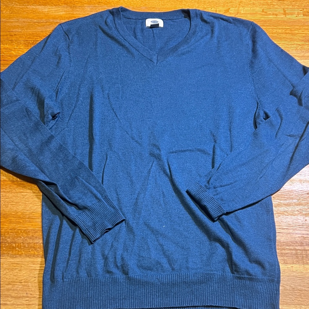 Old Navy Men Large‎ Blue Knit Stripe V-Neck Long Sleeve Pullover Sweater